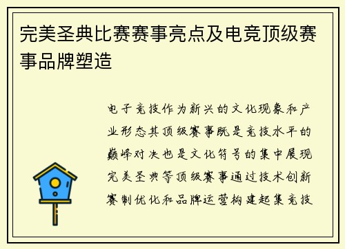 完美圣典比赛赛事亮点及电竞顶级赛事品牌塑造