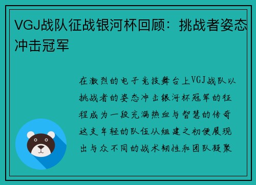 VGJ战队征战银河杯回顾：挑战者姿态冲击冠军